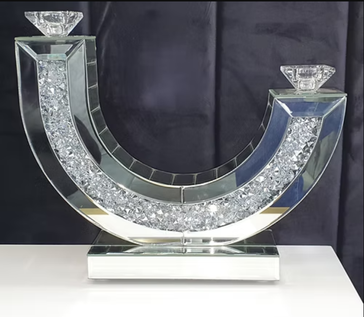 Duo candle holder U- Shape In Mirrored crushed diamond