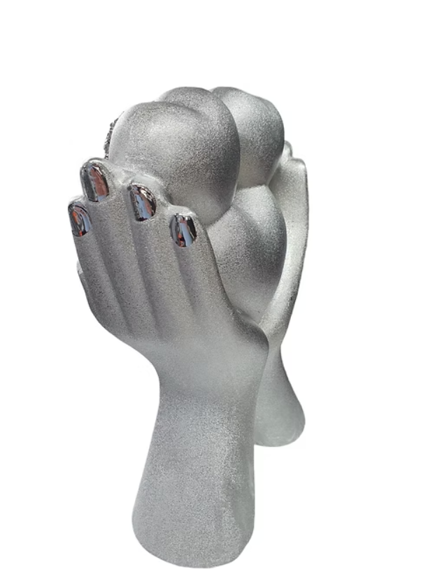 SILVER 3 HEART IN HANDS SPARKLE BLING ORNAMENT CRUSHED DIAMOND in a GIFT box