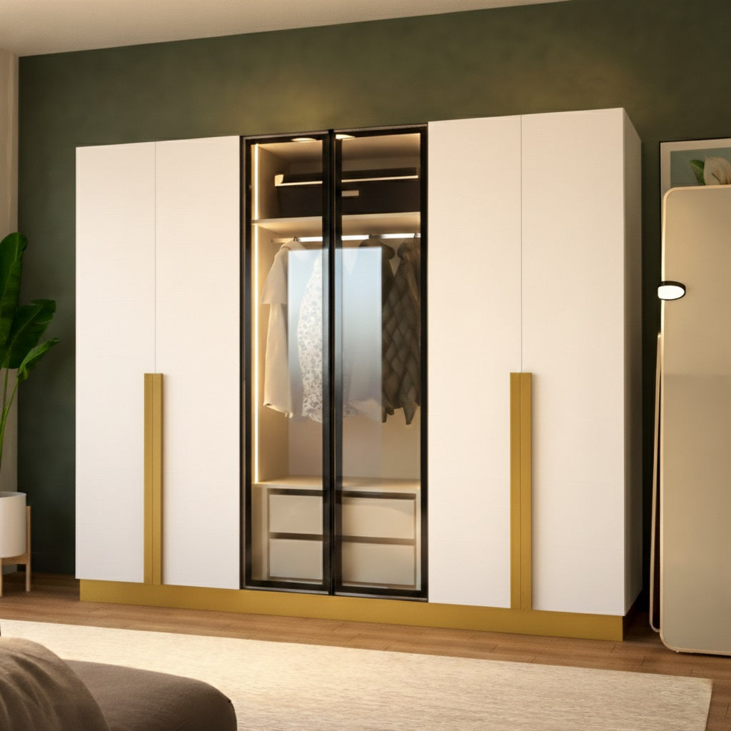 Golden 6 Door Wardrobe with 2 Glass Doors & LED Lighting – Luxury Storage 240cm
