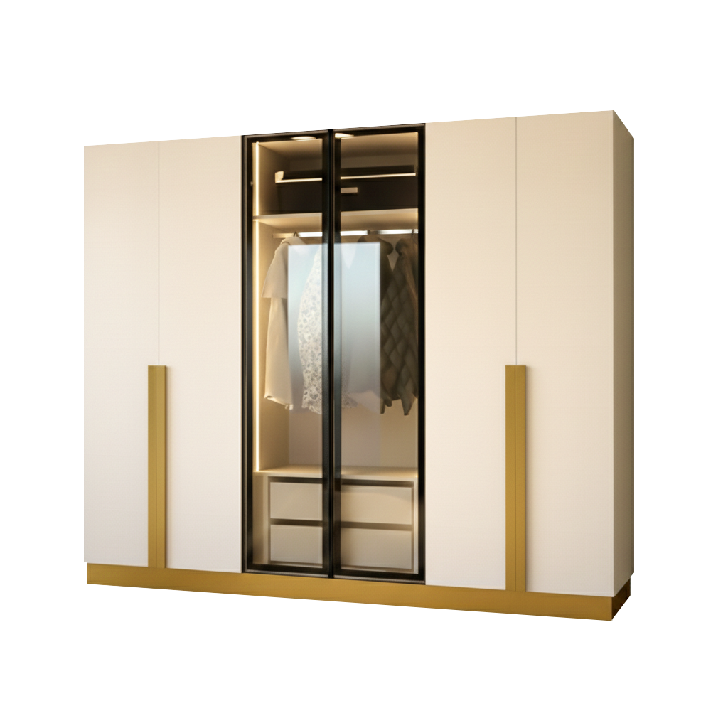 Golden 6 Door Wardrobe with 2 Glass Doors & LED Lighting – Luxury Storage 240cm