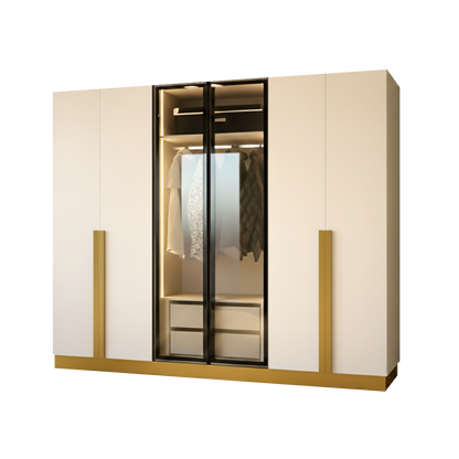 Golden 6 Door Wardrobe with 2 Glass Doors & LED Lighting – Luxury Storage 240cm