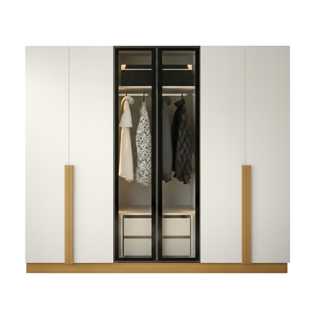 Golden 6 Door Wardrobe with 2 Glass Doors & LED Lighting – Luxury Storage 240cm