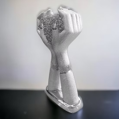 Silver Crushed Diamond Crystal Heart In Hand Ornament