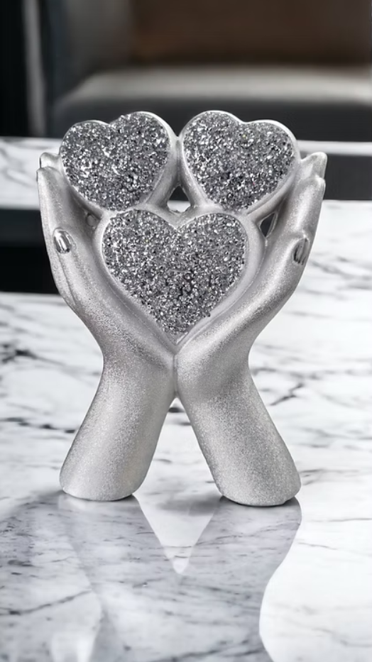 SILVER 3 HEART IN HANDS SPARKLE BLING ORNAMENT CRUSHED DIAMOND in a GIFT box