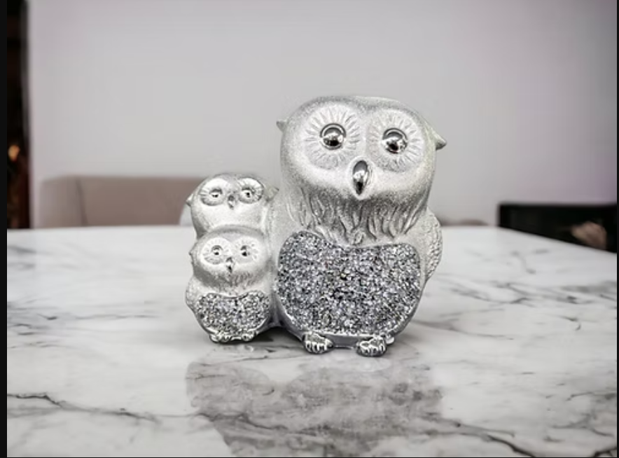 Owls Family silver with Bling diamond decoration ornament