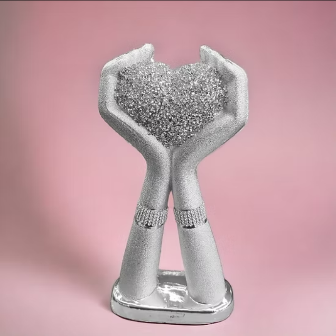 Silver Crushed Diamond Crystal Heart In Hand Ornament