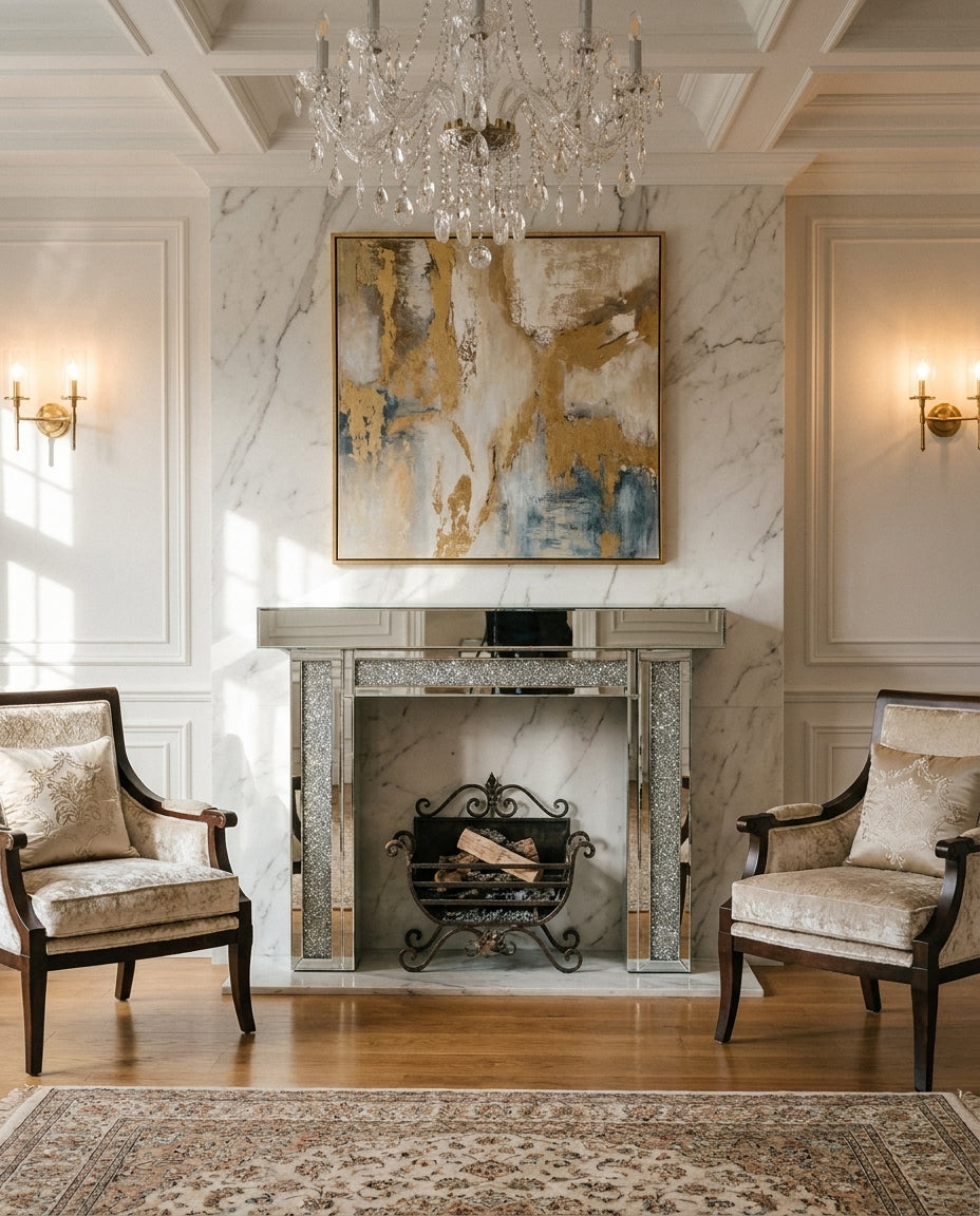Elegant living room featuring a mirrored fireplace, crystal chandelier, abstract gold art, and two plush armchairs.